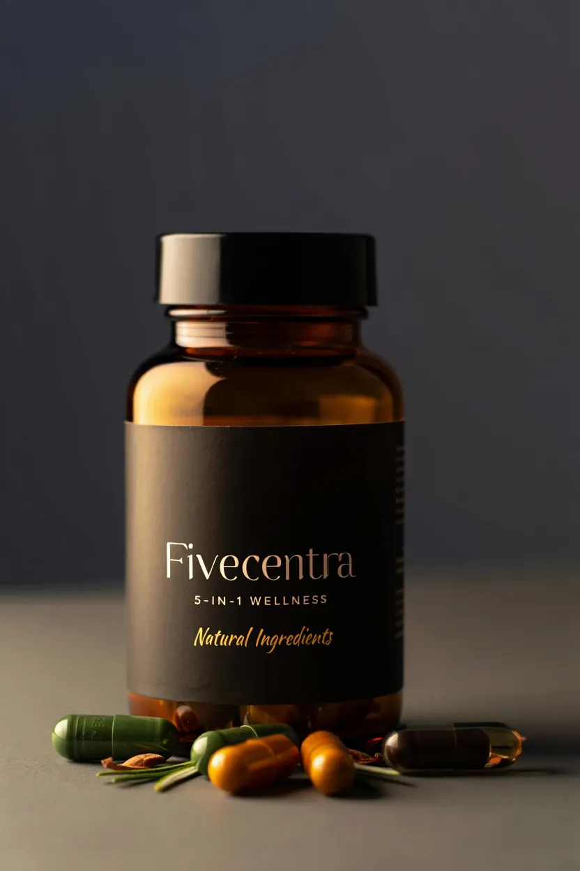 Fivecentra 5-in-1 wellness supplement bottle with natural ingredients